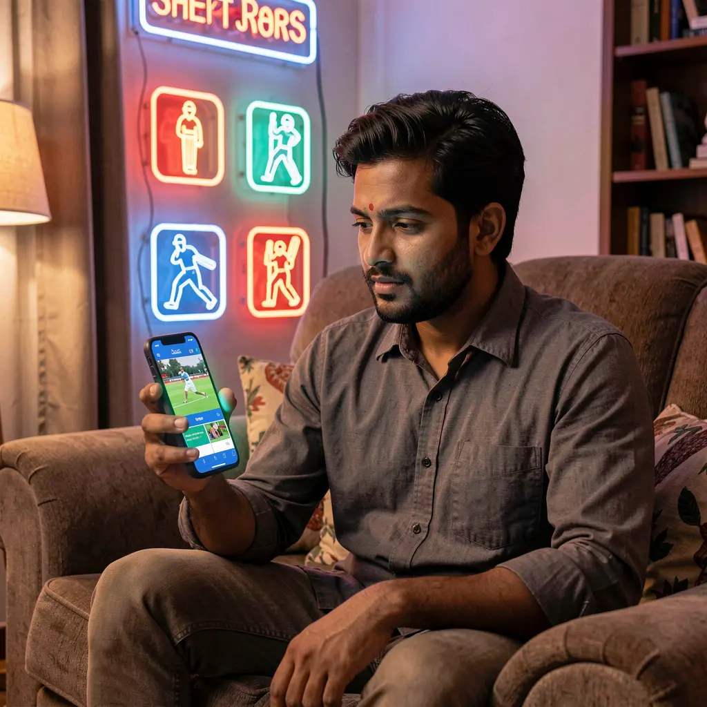 Focused Bangladeshi sports fan using the JYJILLY betting app on his phone with glowing cricket icons in a modern living room