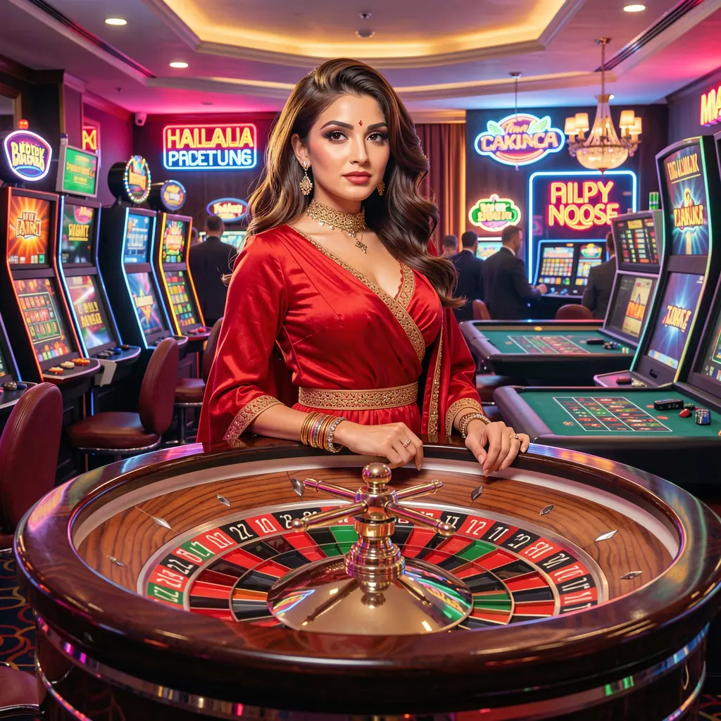 A confident casino hostess in a luxurious red dress standing beside a modern roulette table with neon lights on the JYJILLY casino platform for players in Bangladesh