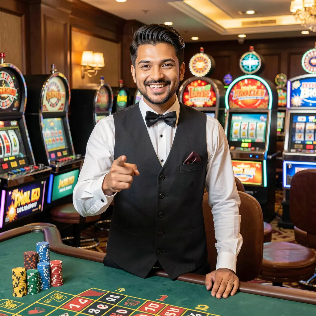 Friendly Bangladeshi casino dealer pointing forward in a modern live casino setting with slot machines and roulette behind him representing JYJILLY login