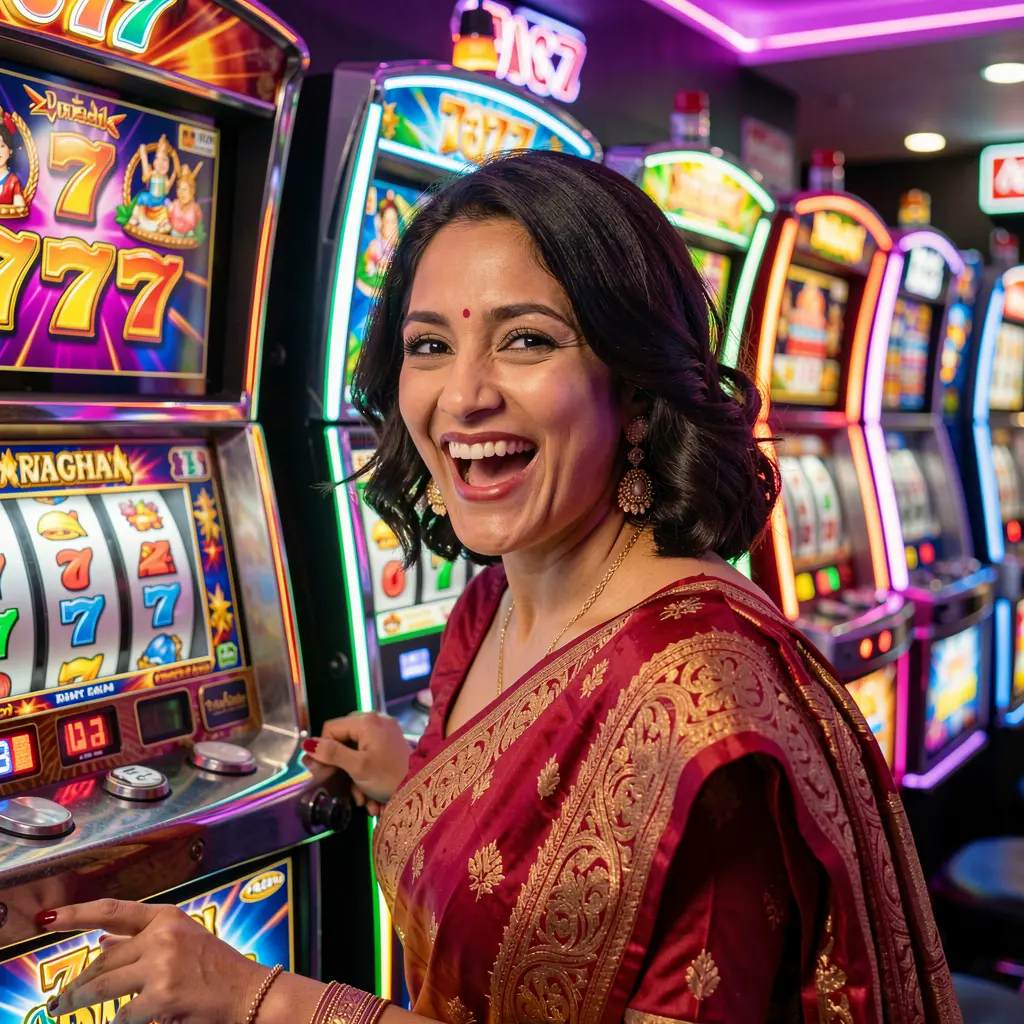 Excited woman celebrating a big win in front of glowing 777 slot symbols at JYJILLY casino with vibrant neon casino visuals in Bangladesh